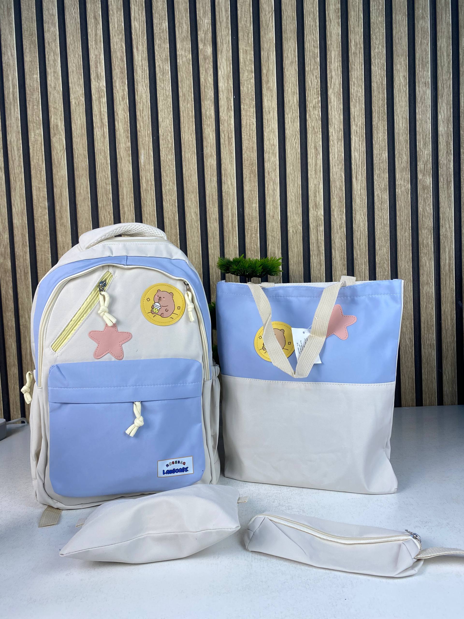 Sac à Dos Multifonctionnel Kawaii Grand Volume Imperméable et Résistant 4Pcs Bleu et Beige SACKDS02B - حقيبة ظهر بعدة قطع بتصميم كاوايي - Sac à dos et Mode - صورة 4