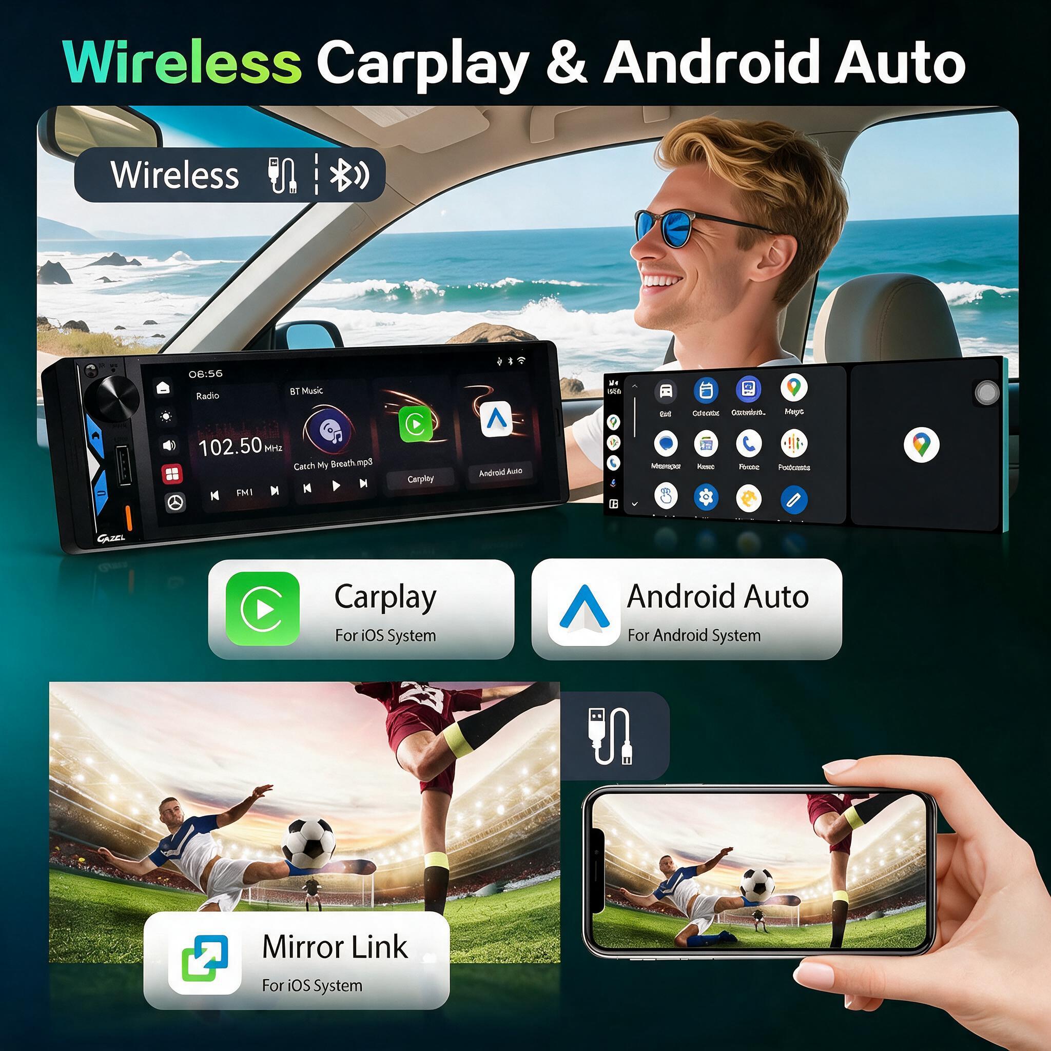 Gazel Autoradio 1Din Écran Tactile 5" IPS - Apple CarPlay et Android Auto Sans Fil Charge Rapide Type-C - راديو سيارة ذكي بشاشة لمس 5 بوصة تدعم و لاسلكيًا - Accessoires Auto/Moto - صورة 3