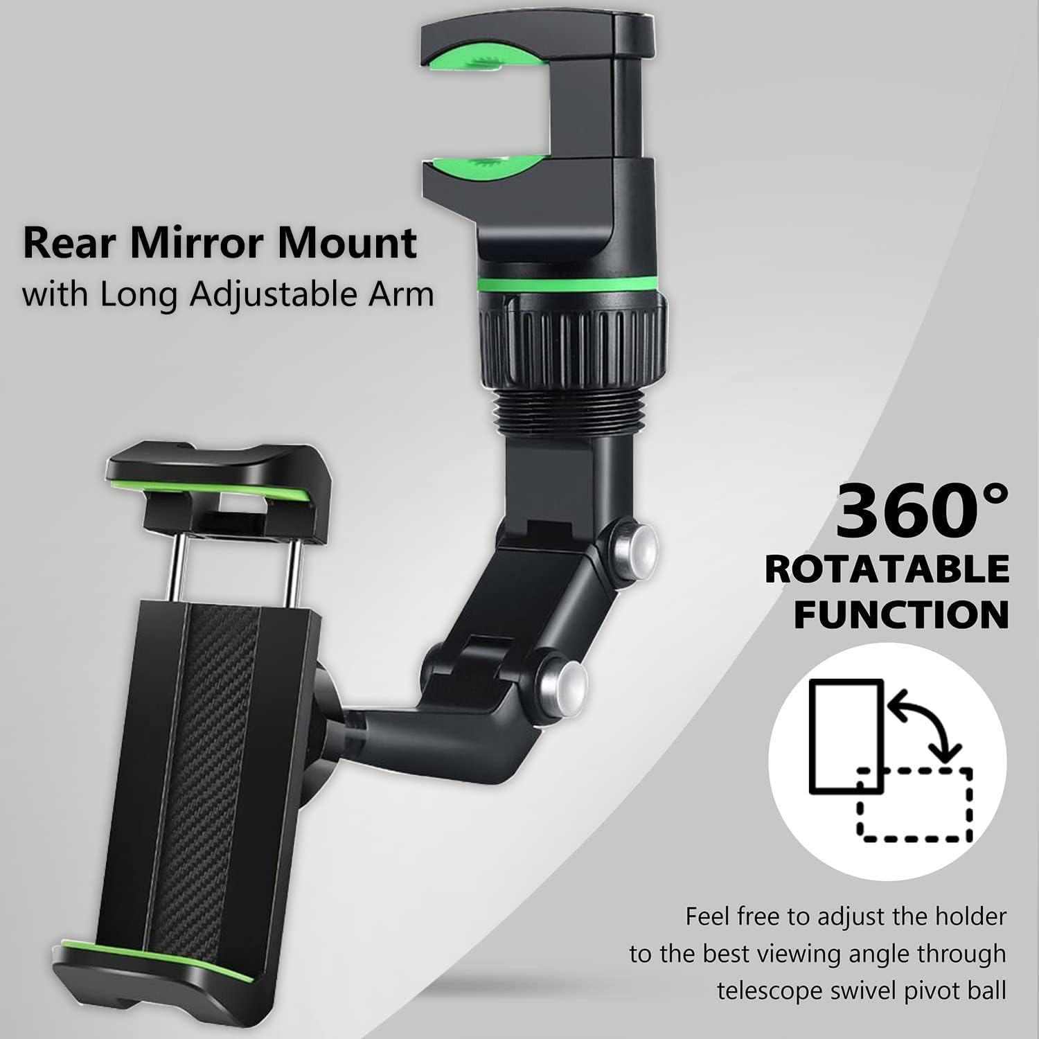Support Téléphone Voiture pour Rétroviseur Rotation 360°, Bras Long Ajustable  - حامل هاتف لمرآة الرؤية الخلفية للسيارة مع دوران 360° وذراع قابل للتعديل - Accessoires Auto/Moto - صورة 2