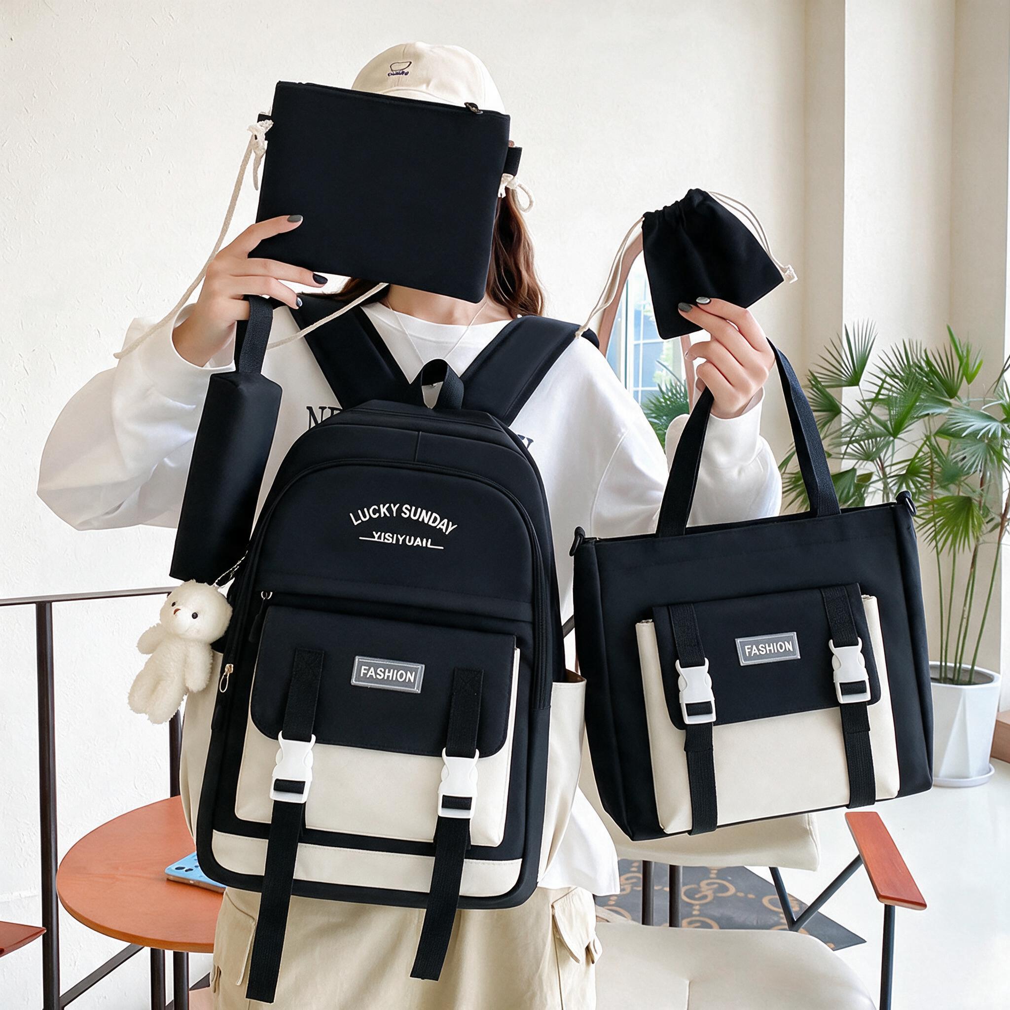 Ensemble de sacs à dos Kawai pour adolescents 5Pcs YISIYUAN V2 Noir et Blanc – محفظة 5 قطع كاواي للبنات - Sac à dos et Mode - صورة 1