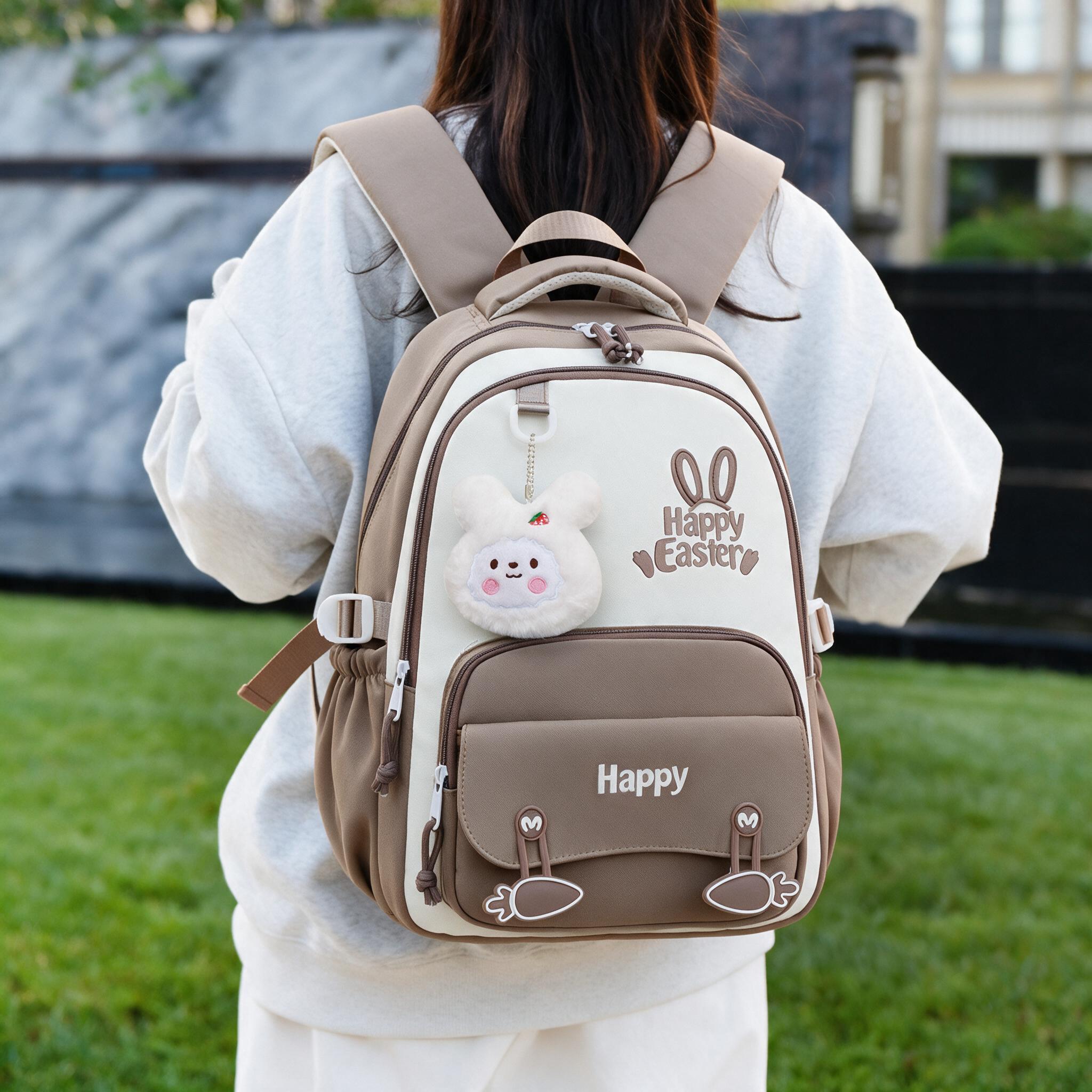 Sac à Dos Scolaire Motif Lapin Happy Easter Ergonomique Tissu Imperméable Marron SACKDS31MR - حقيبة ظهر مدرسية وعصرية بتصميم الأرنب اللطيف - Sac à dos et Mode - صورة 2