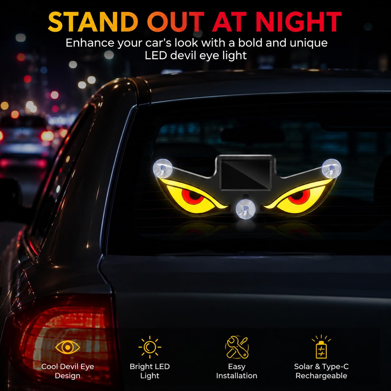 Lampe Signale de Fenêtre Voiture Motif Devil Eye Énergie Solaire et Type-C - مصباح نافذة السيارة ليلي يعمل بالطاقة الشمسية - Accessoires Auto/Moto - صورة 3