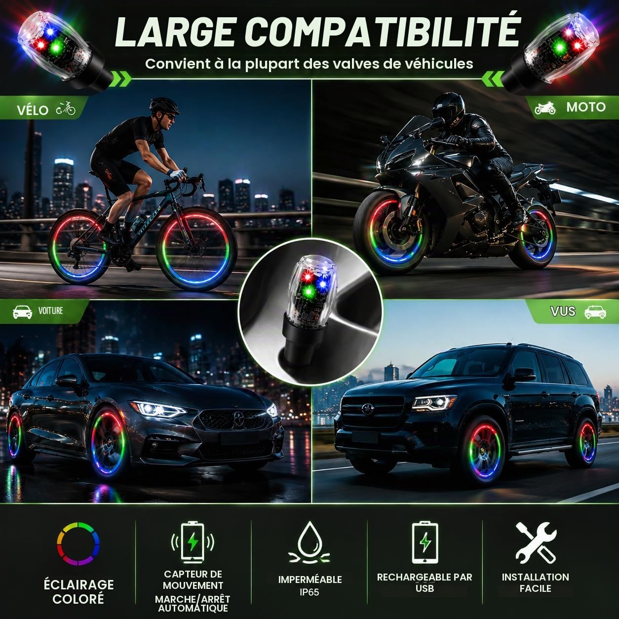 Lumières LED pour Valve de Pneu Étanche Capteur de Mouvement Auto Décoration et Sécurité - أضواء صمام العجلات المضيئة للسيارات والدراجات - Accessoires Auto/Moto - صورة 4