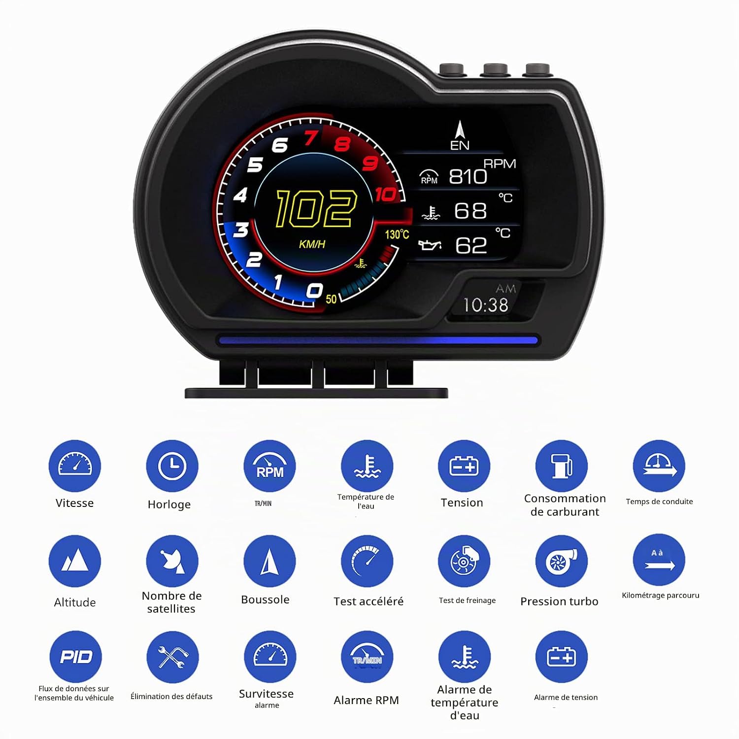 Afficheur Tête Haute HUD Intelligent Pour Voiture Système Double OBD2 + GPS 10 Alarme de Vitesse et Écran LCD - عداد السرعة الرقمي والشاشة الذكية للسيارة نظام مزدوج - Accessoires Auto/Moto - صورة 2