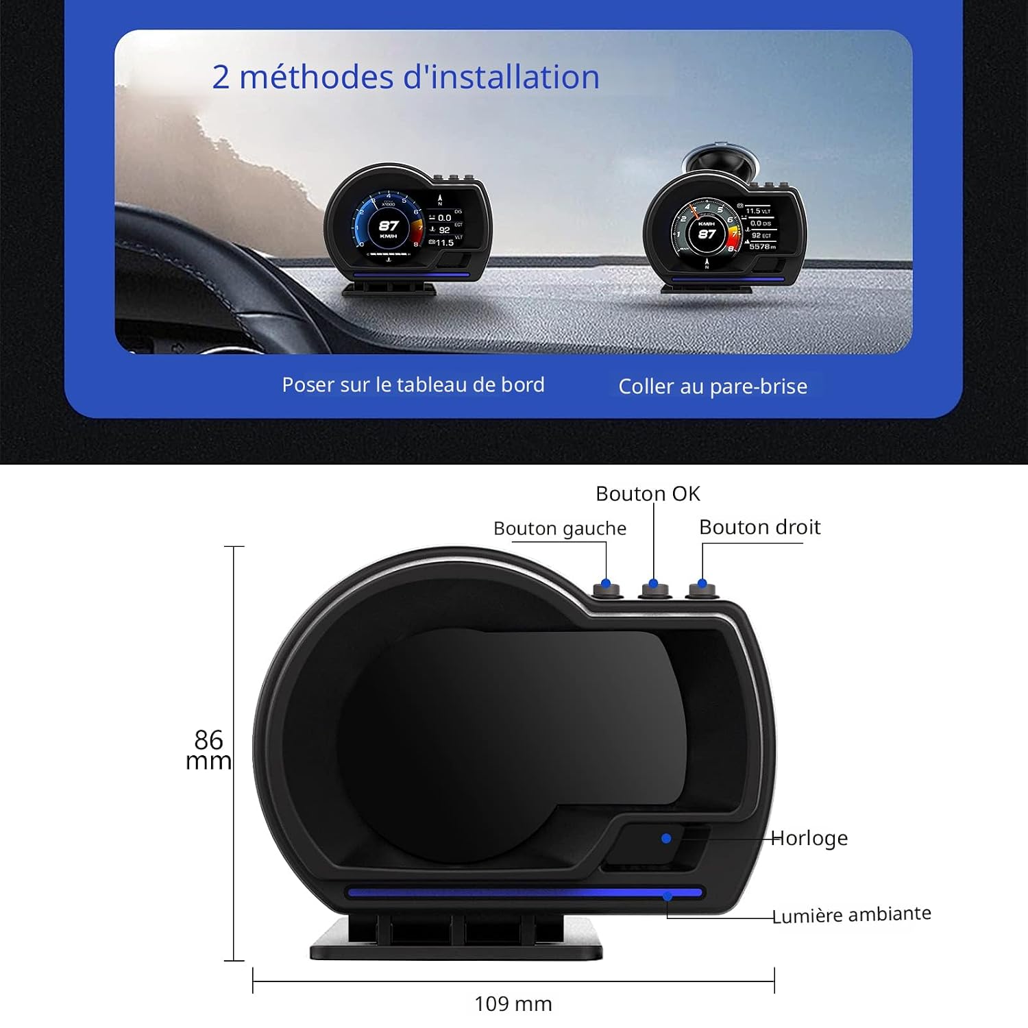 Afficheur Tête Haute HUD Intelligent Pour Voiture Système Double OBD2 + GPS 10 Alarme de Vitesse et Écran LCD - عداد السرعة الرقمي والشاشة الذكية للسيارة نظام مزدوج - Accessoires Auto/Moto - صورة 3