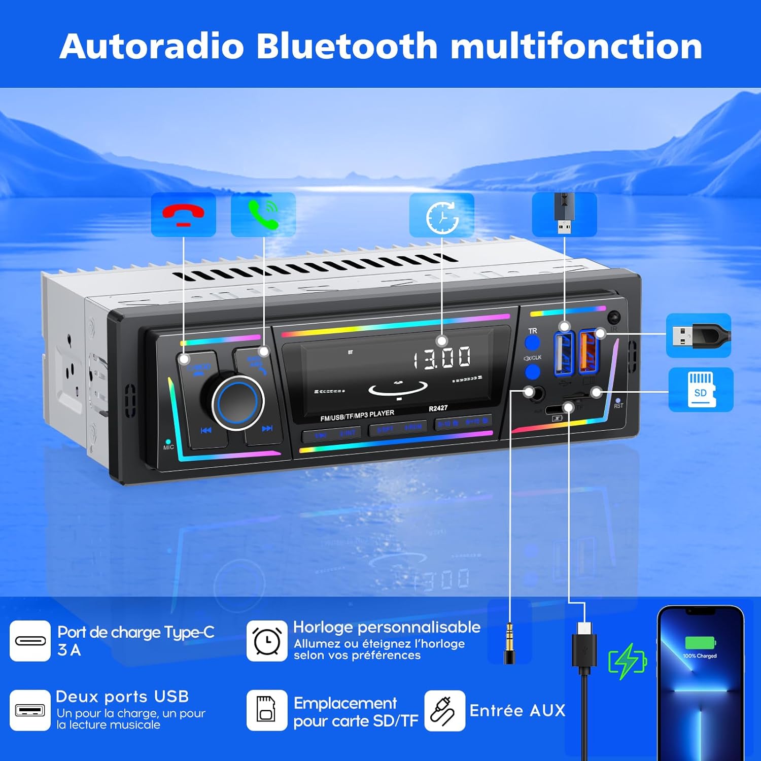 Autoradio Bluetooth 5.0 1DIN Charge Rapide USB et Type-C, Éclairage Personnalisable DSP et RDS - راديو سيارة بلوتوث مع منفذي شحن
