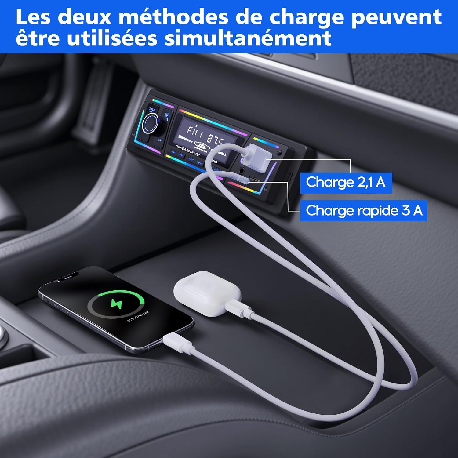 Autoradio Bluetooth 5.0 1DIN Charge Rapide USB et Type-C, Éclairage Personnalisable DSP et RDS - راديو سيارة بلوتوث مع منفذي شحن - Accessoires Auto/Moto - صورة 2