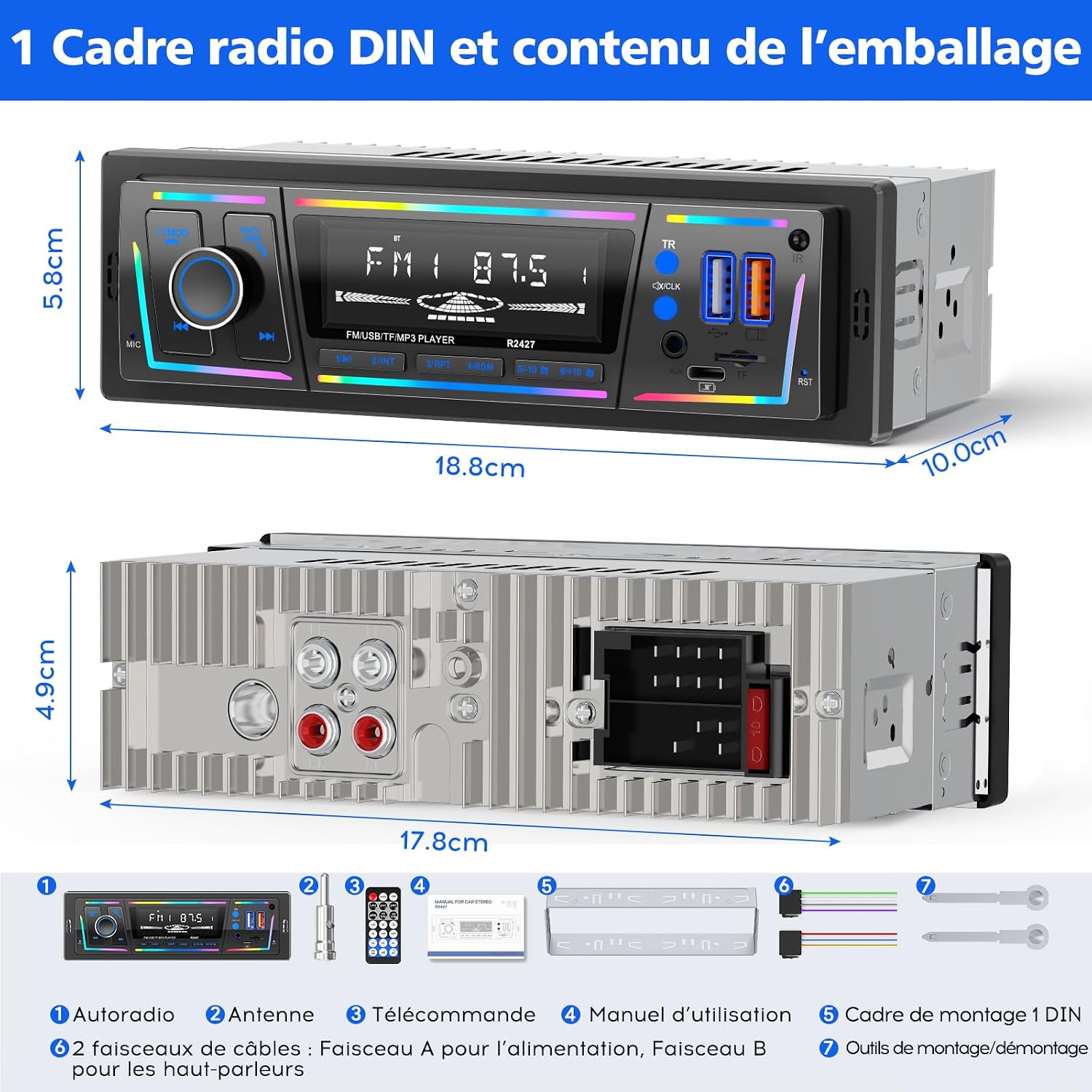 Autoradio Bluetooth 5.0 1DIN Charge Rapide USB et Type-C, Éclairage Personnalisable DSP et RDS - راديو سيارة بلوتوث مع منفذي شحن - Accessoires Auto/Moto - صورة 3