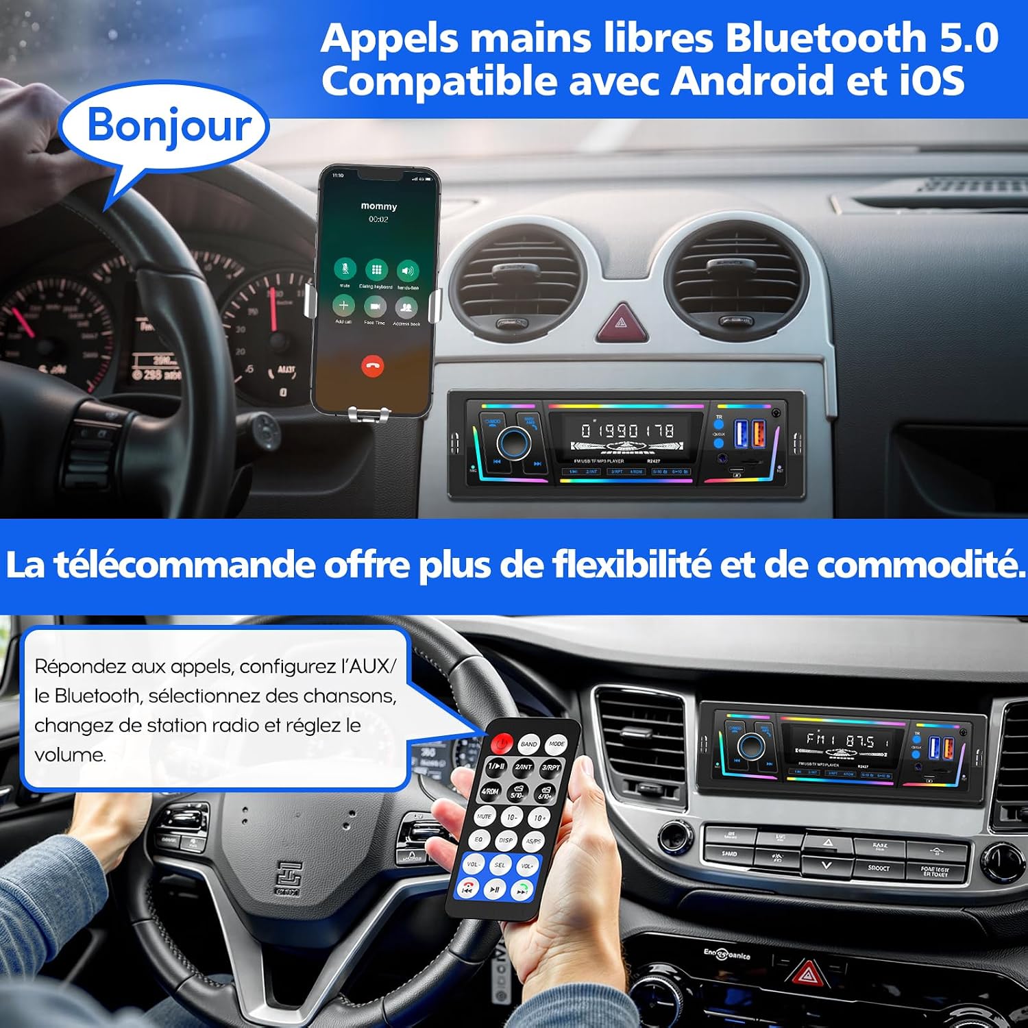 Autoradio Bluetooth 5.0 1DIN Charge Rapide USB et Type-C, Éclairage Personnalisable DSP et RDS - راديو سيارة بلوتوث مع منفذي شحن - Accessoires Auto/Moto - صورة 4