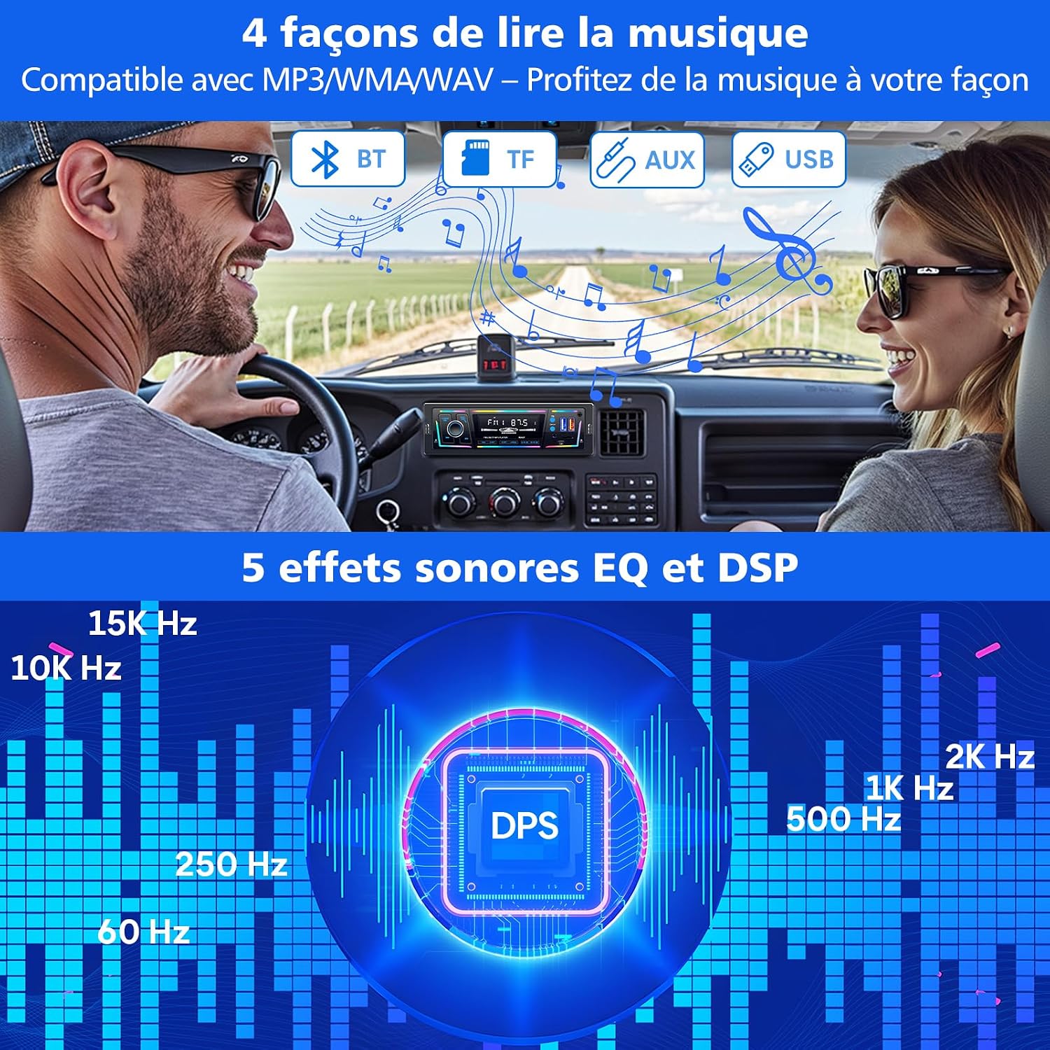 Autoradio Bluetooth 5.0 1DIN Charge Rapide USB et Type-C, Éclairage Personnalisable DSP et RDS - راديو سيارة بلوتوث مع منفذي شحن - Accessoires Auto/Moto - صورة 5