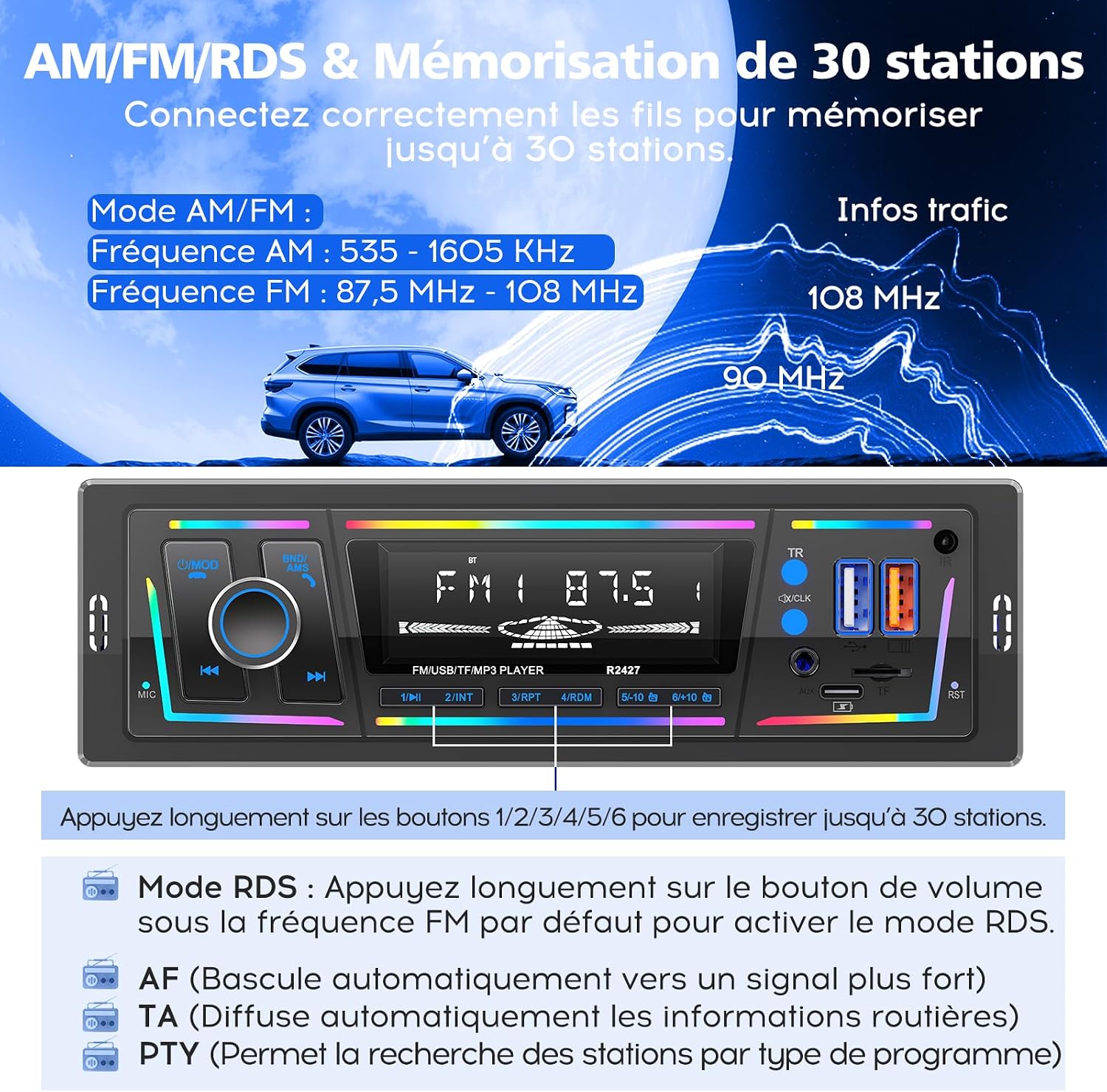 Autoradio Bluetooth 5.0 1DIN Charge Rapide USB et Type-C, Éclairage Personnalisable DSP et RDS - راديو سيارة بلوتوث مع منفذي شحن - Accessoires Auto/Moto - صورة 7